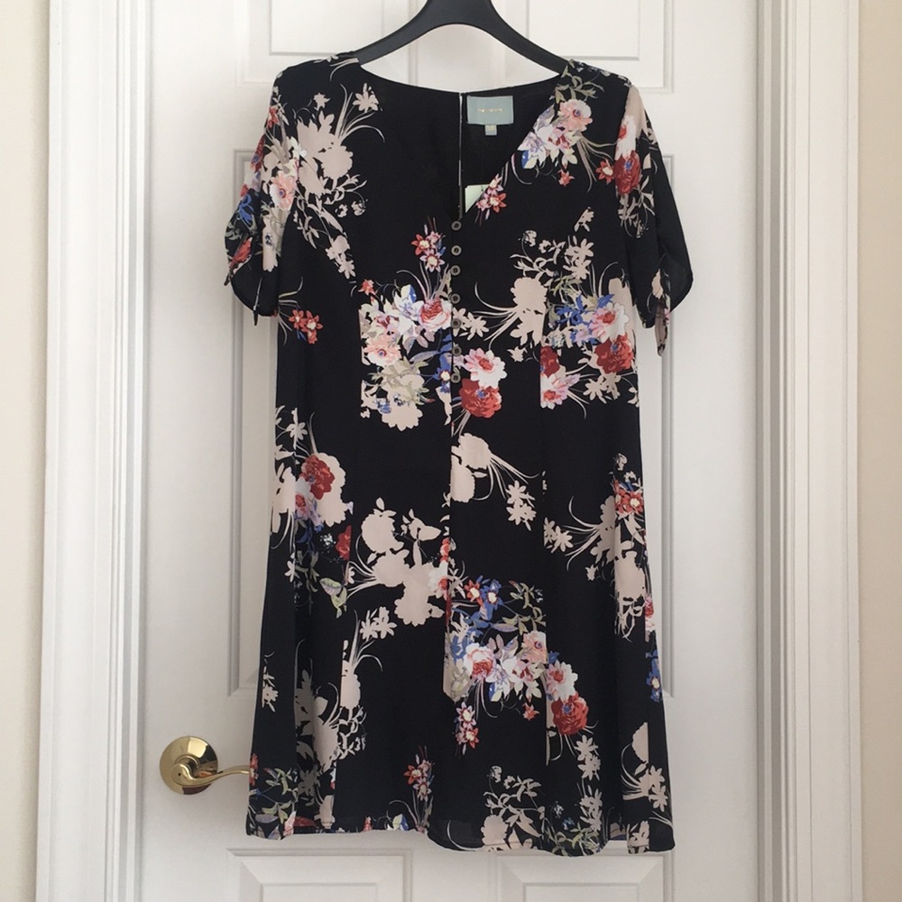 Skies Are Blue Women’s Dress L Black Floral V-neck Lining NWT